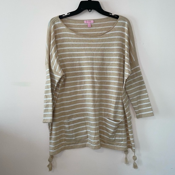 Lilly Pulitzer Elba Sweater Beige Stripe Coastal Sweater Size Large - Picture 1 of 9